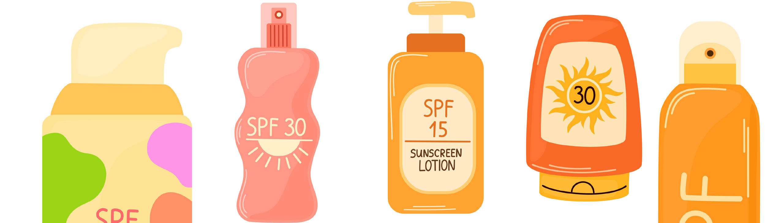 Illustrierte Sonnencremes, hauptsächlich in orange-Tönen.