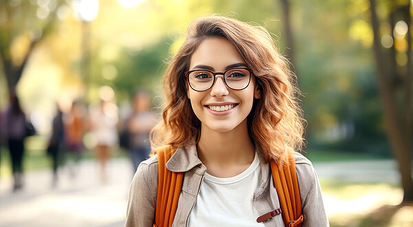 Junge Frau mit Brille und Rucksack, im Hintergrund verschwommen Personen