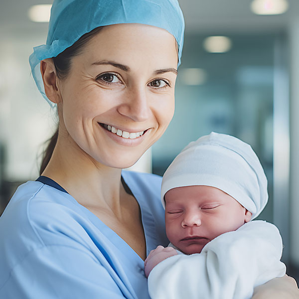 Hebamme hält ein Neugeborenes auf dem Arm und lächelt.