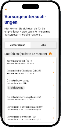 Screenshot aus der BKK VerbundPlus Onlinefiliale im Bereich Vorsorgeuntersuchungen.